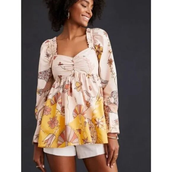 02 Anthropologie Let Me Be poplin babydoll blouse NWT Size Medium - Picture 1 of 11